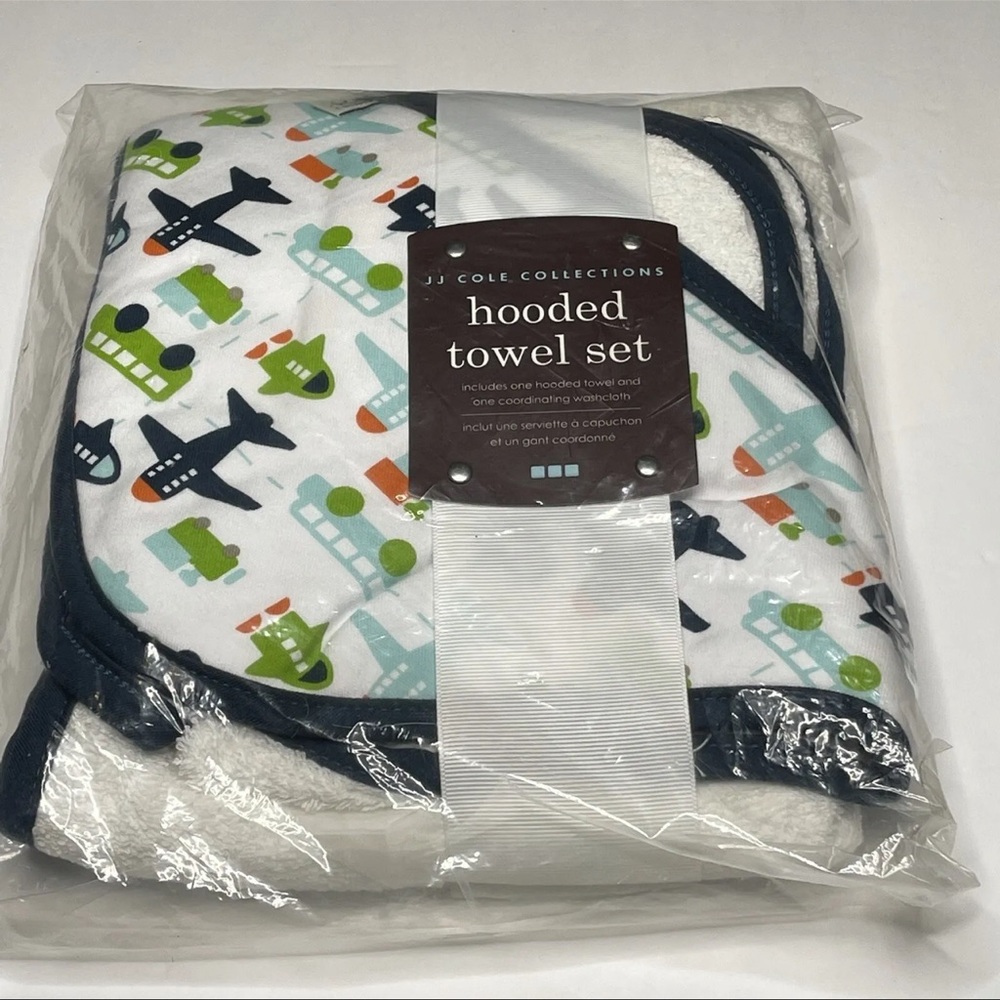 JJ Cole Collection Hooded Towel Washcloth Set Baby Airplanes & Trains White Blue
